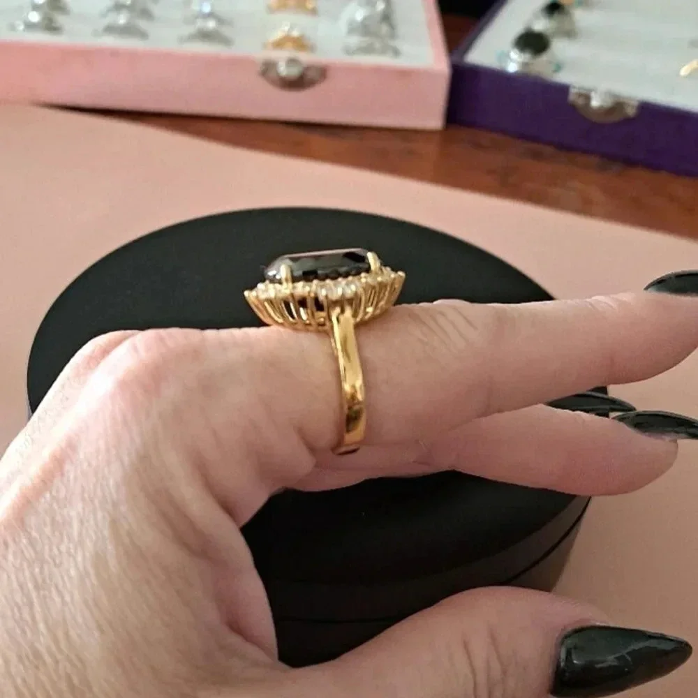 Elite Shungite and Natural White Zircon Halo Ring In 18kt YG Vermeil.
